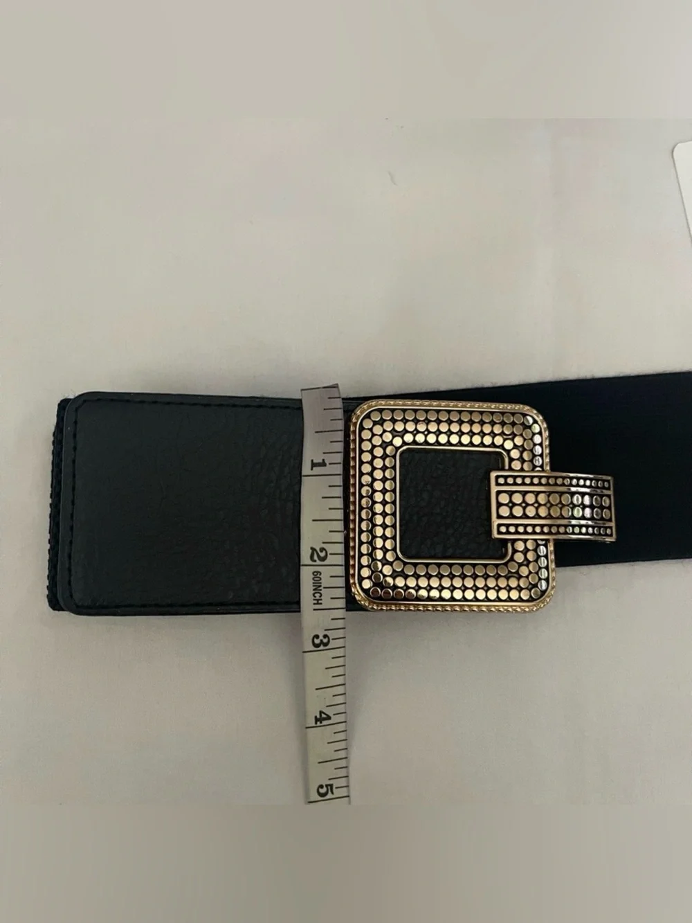 Black PU leather gold tone buckle elastic waistband belt
